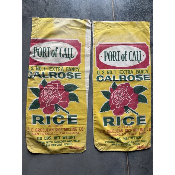 Vtg Lot of 2 Port of Call Calrose Rice Sacks 50lb Cotton Cloth San Francisco CA